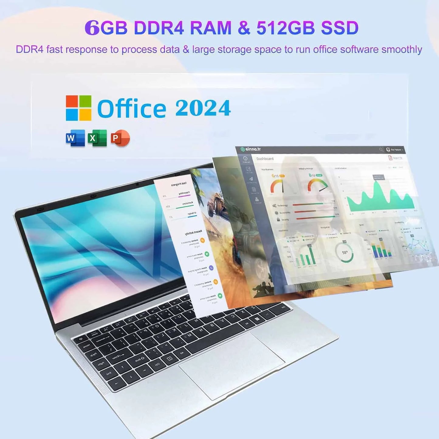 14.1" Student Laptop Computer Windows 11 Pro Office 2024 Privacy Camera 6GB RAM 512GB SSD 2.6 Ghz Wifi5 BT 4.2 Lightweight Business Laptop Computer