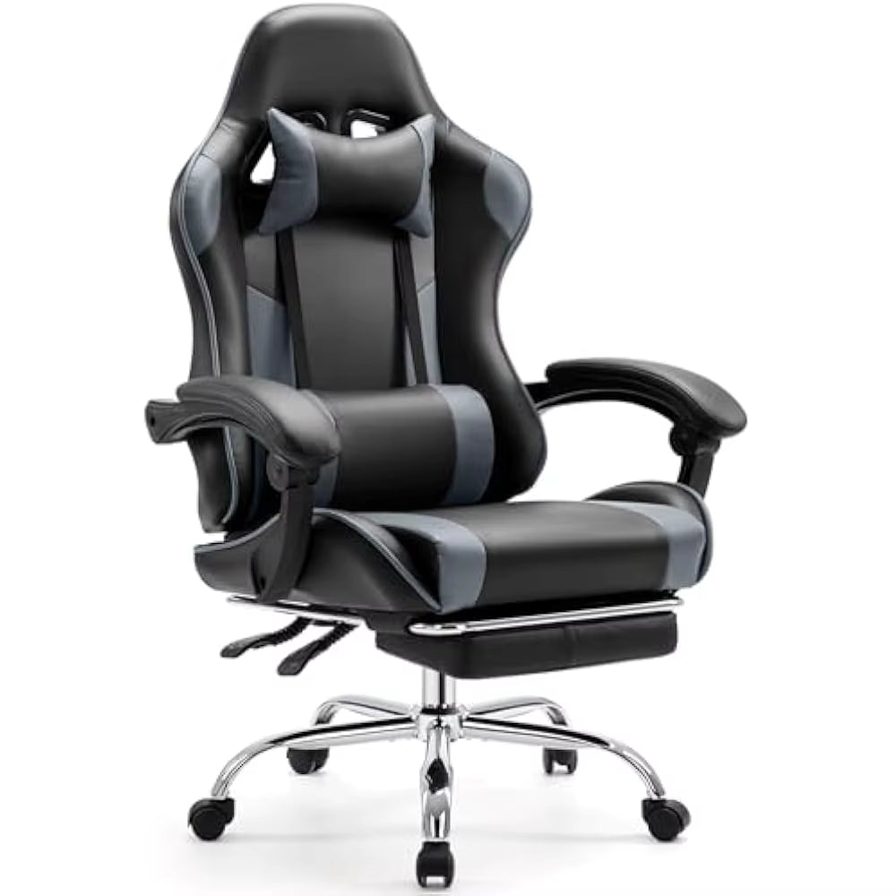 Video Game Desk Chair W/Footrest and Comfy Lumbar Support, PU Leather Recliner with Headrest, Height Adjustable with 360° Swivel