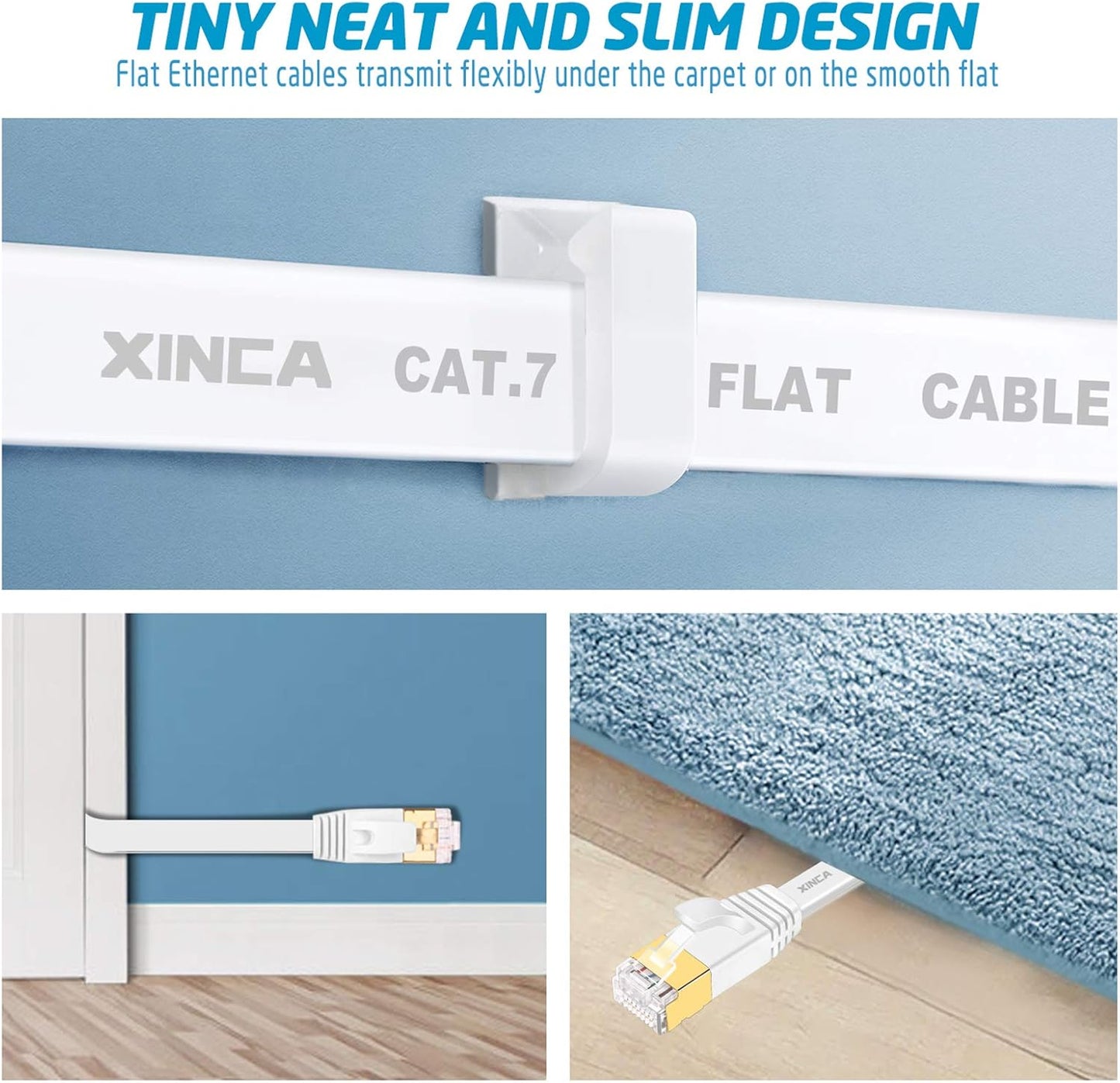 Cat 7 Flat Ethernet Cable 50Ft White, High Speed 10GB Shielded (STP) LAN Internet Network Cable Ethernet Patch Computer Cable with Rj45 Connectors and 25Pcs Adhesive Cable Clips