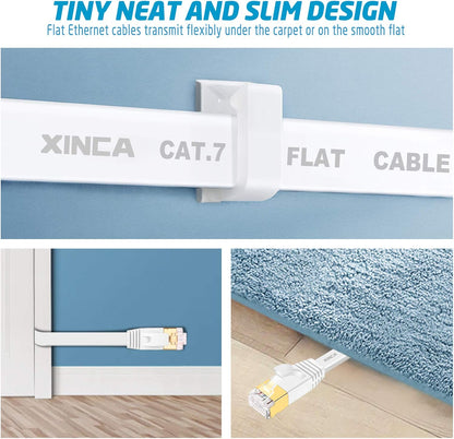 Cat 7 Flat Ethernet Cable 50Ft White, High Speed 10GB Shielded (STP) LAN Internet Network Cable Ethernet Patch Computer Cable with Rj45 Connectors and 25Pcs Adhesive Cable Clips