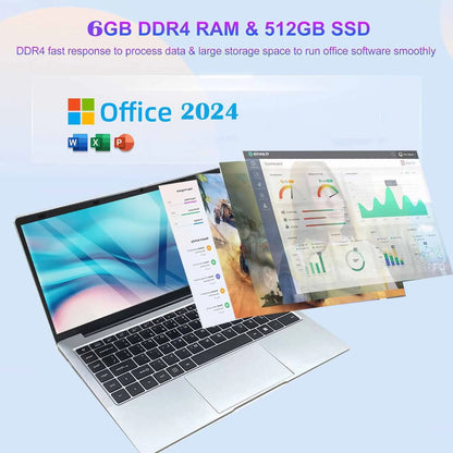 14.1" Student Laptop Computer Windows 11 Pro Office 2024 Privacy Camera 6GB RAM 512GB SSD 2.6 Ghz Wifi5 BT 4.2 Lightweight Business Laptop Computer