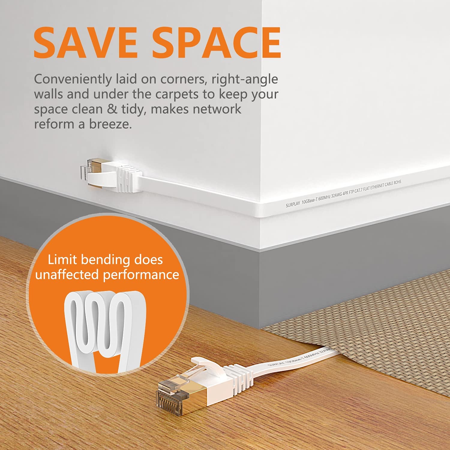 Cat7 10FT Ethernet Cable Flat-White-10Gbps Ultra Slim High Speed Double Shielded with Ground Wire & Gold-Plated RJ45 Network Patch Cord for Router,Tv,Xbox,Ps5/4,Nas,Cat6A