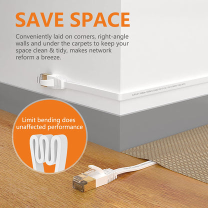 Cat7 10FT Ethernet Cable Flat-White-10Gbps Ultra Slim High Speed Double Shielded with Ground Wire & Gold-Plated RJ45 Network Patch Cord for Router,Tv,Xbox,Ps5/4,Nas,Cat6A
