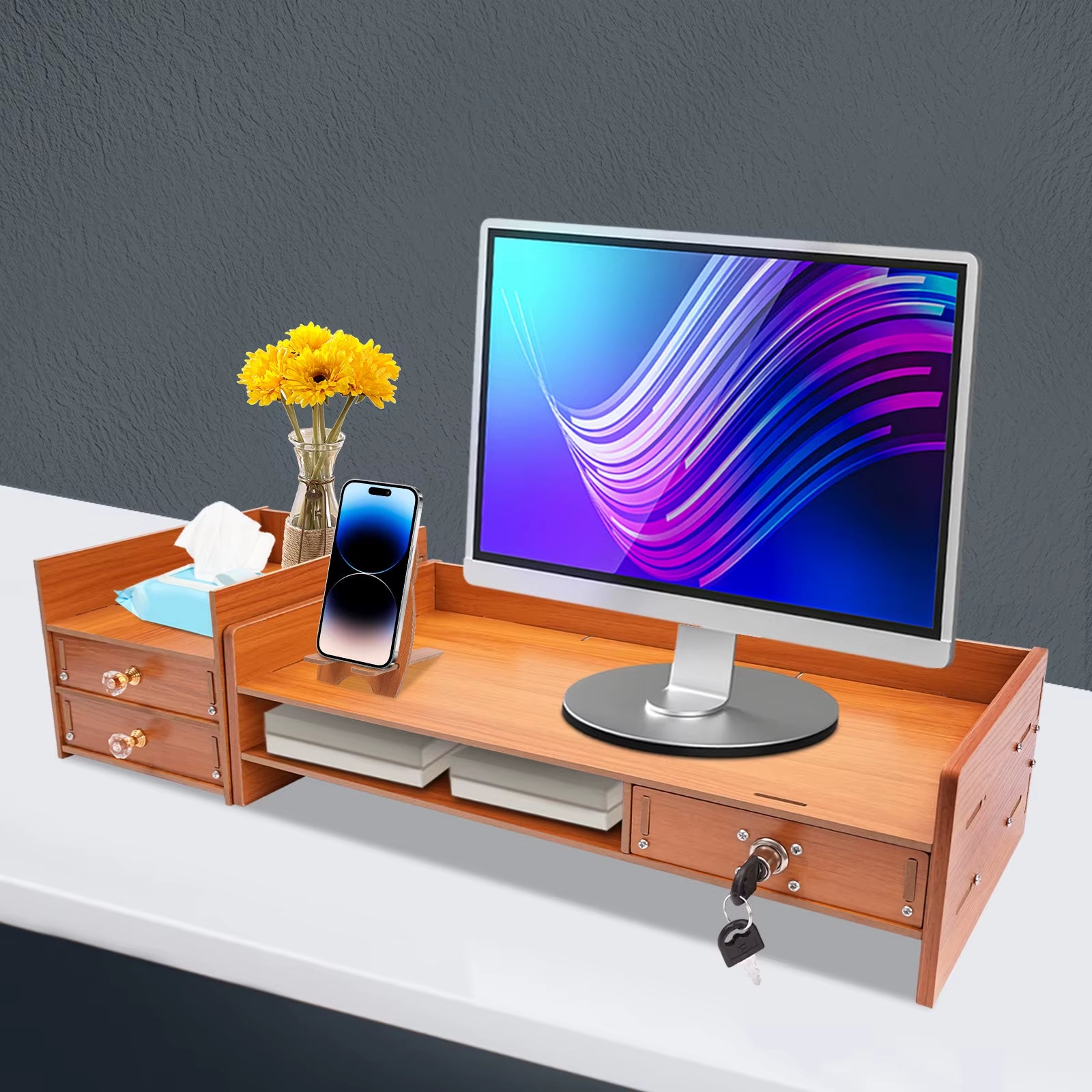 Computer Monitor Stand, Computer Rack with Drawers, Monitor Stand Home Office Desktop Storage Drawer