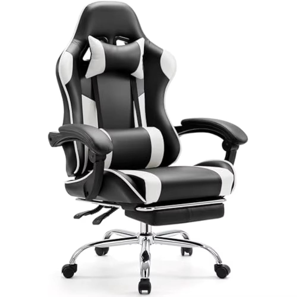 Video Game Desk Chair W/Footrest and Comfy Lumbar Support, PU Leather Recliner with Headrest, Height Adjustable with 360° Swivel