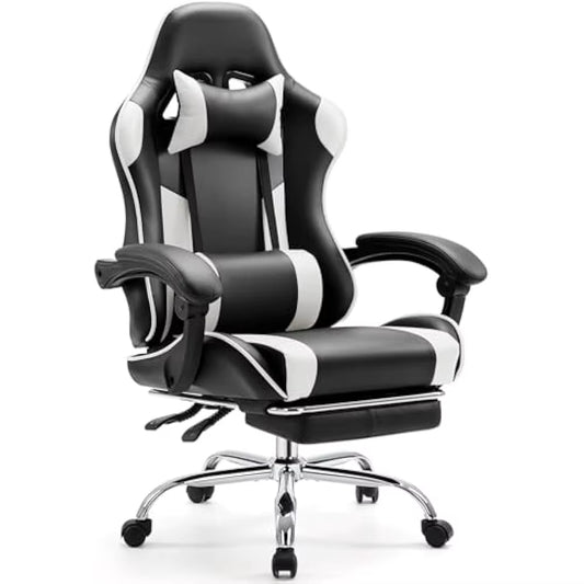 Video Game Desk Chair W/Footrest and Comfy Lumbar Support, PU Leather Recliner with Headrest, Height Adjustable with 360° Swivel