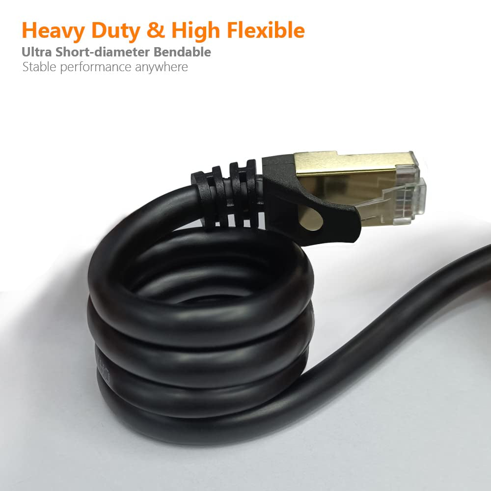 Cat8 Ethernet Cable 3FT round Patch Cord 40Gbps Updated Triple Shielded & Ground Wire Heavy Duty Gigabit Cat 8 Internet Line,Gold-Plated Rj45+Cover+Strap for Router,Lan,Ai