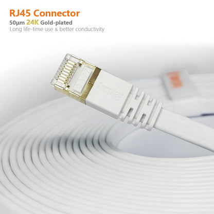 Cat7 10FT Ethernet Cable Flat-White-10Gbps Ultra Slim High Speed Double Shielded with Ground Wire & Gold-Plated RJ45 Network Patch Cord for Router,Tv,Xbox,Ps5/4,Nas,Cat6A