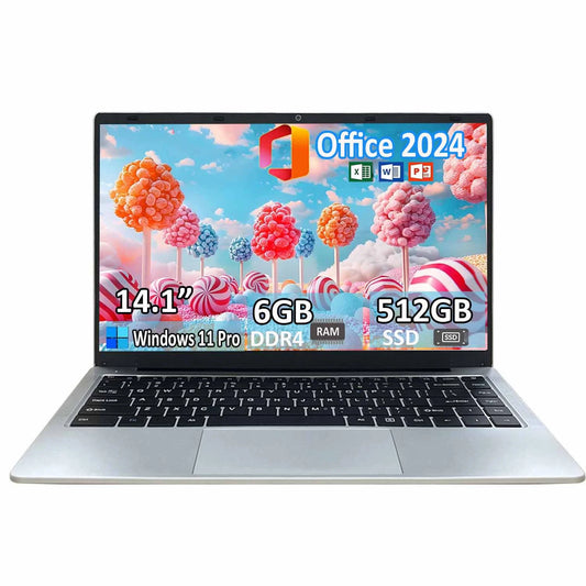 14.1" Student Laptop Computer Windows 11 Pro Office 2024 Privacy Camera 6GB RAM 512GB SSD 2.6 Ghz Wifi5 BT 4.2 Lightweight Business Laptop Computer