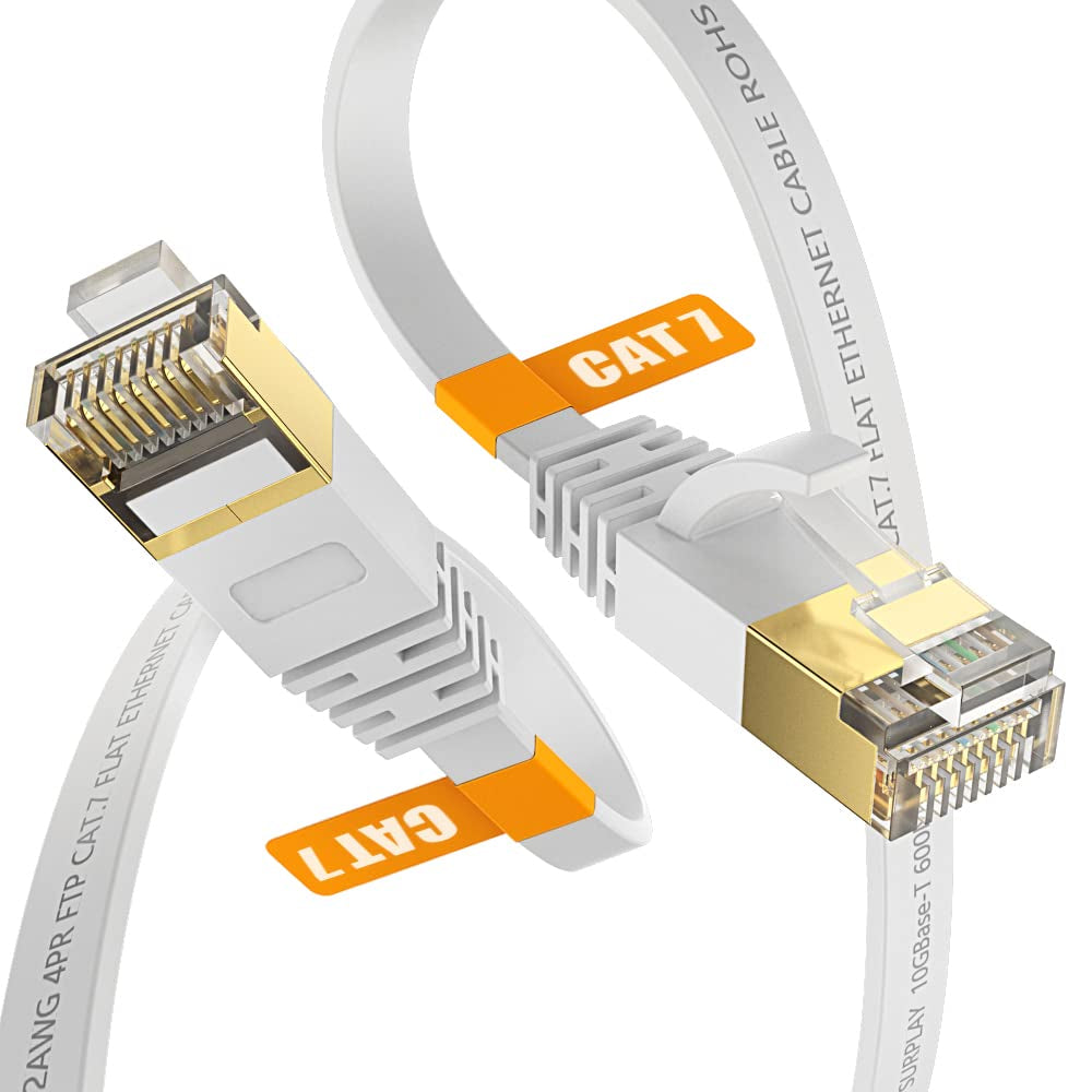 Cat7 10FT Ethernet Cable Flat-White-10Gbps Ultra Slim High Speed Double Shielded with Ground Wire & Gold-Plated RJ45 Network Patch Cord for Router,Tv,Xbox,Ps5/4,Nas,Cat6A