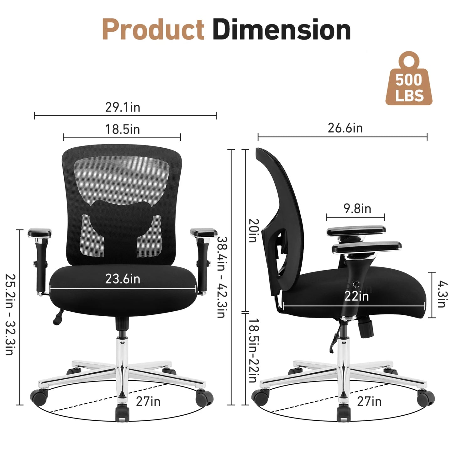 Ergonomic Office Desk Chair 500Lbs, Heavy Duty Computer Chair with Adjustable Armrest, Computer Executive Desk Chair , Lumbar Support, Black