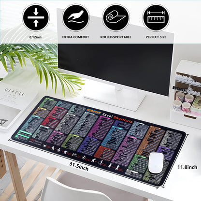 Office Excel Cheat Sheet Desk Pad Mat, XL Excel Shortcuts Mouse Pad Gaming, Large Mouse Pads for Desk, 31.5”X11.8” Desk Matt for Desktop, Waterproof anti Slip Computer Keyboard Pad with Shortcuts