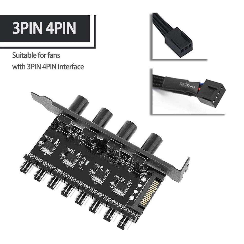 12V Computer Case Fan Hub Regulator 8 Way 4 Knob Sata/4Pin Fan Speed Controller Fan Control Cooling Fan Hub for Computer PC Case