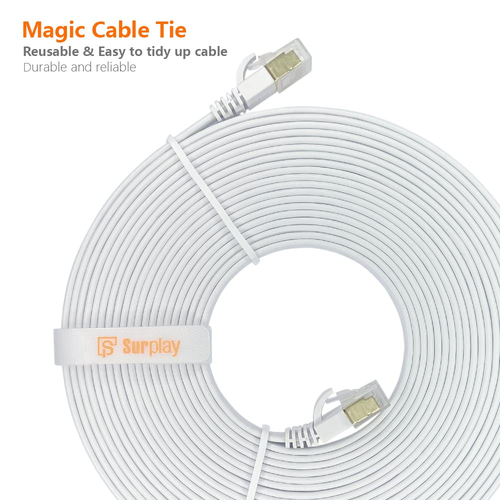 Cat7 10FT Ethernet Cable Flat-White-10Gbps Ultra Slim High Speed Double Shielded with Ground Wire & Gold-Plated RJ45 Network Patch Cord for Router,Tv,Xbox,Ps5/4,Nas,Cat6A