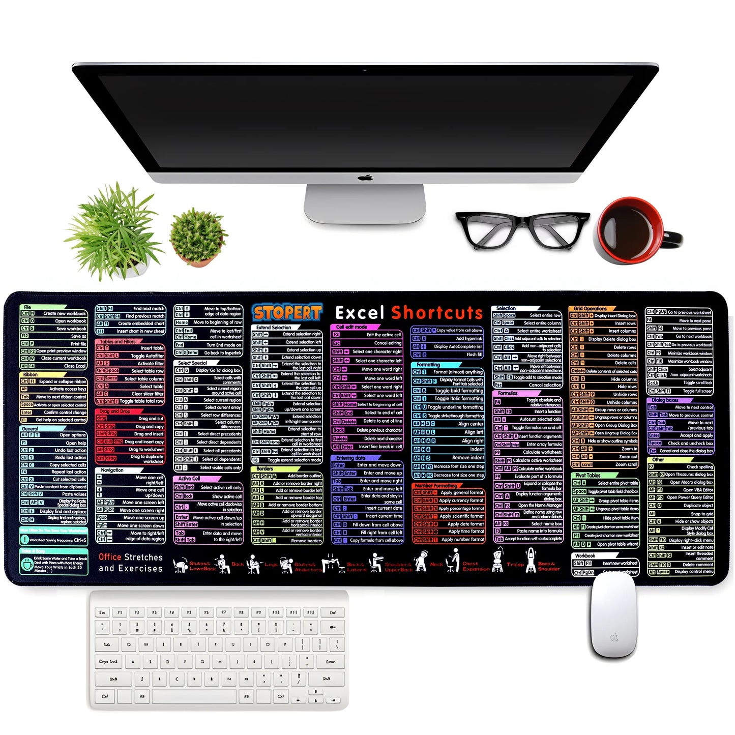 Office Excel Cheat Sheet Desk Pad Mat, XL Excel Shortcuts Mouse Pad Gaming, Large Mouse Pads for Desk, 31.5”X11.8” Desk Matt for Desktop, Waterproof anti Slip Computer Keyboard Pad with Shortcuts