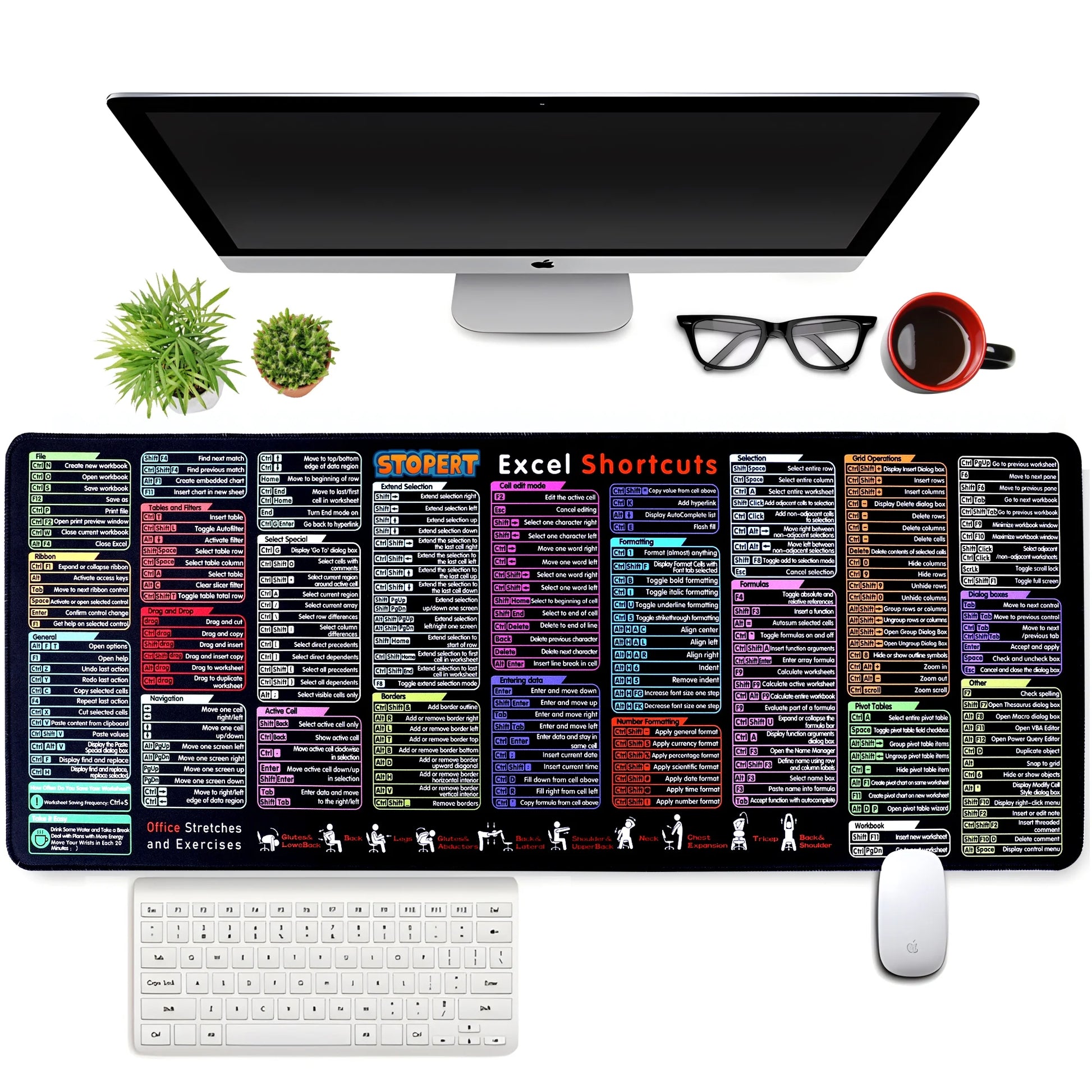 Office Excel Cheat Sheet Desk Pad Mat, XL Excel Shortcuts Mouse Pad Gaming, Large Mouse Pads for Desk, 31.5”X11.8” Desk Matt for Desktop, Waterproof anti Slip Computer Keyboard Pad with Shortcuts
