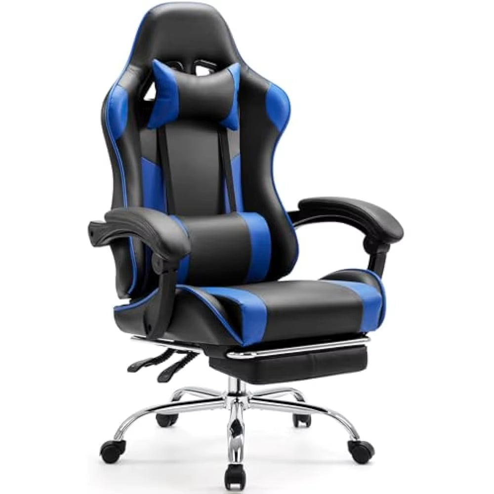 Video Game Desk Chair W/Footrest and Comfy Lumbar Support, PU Leather Recliner with Headrest, Height Adjustable with 360° Swivel