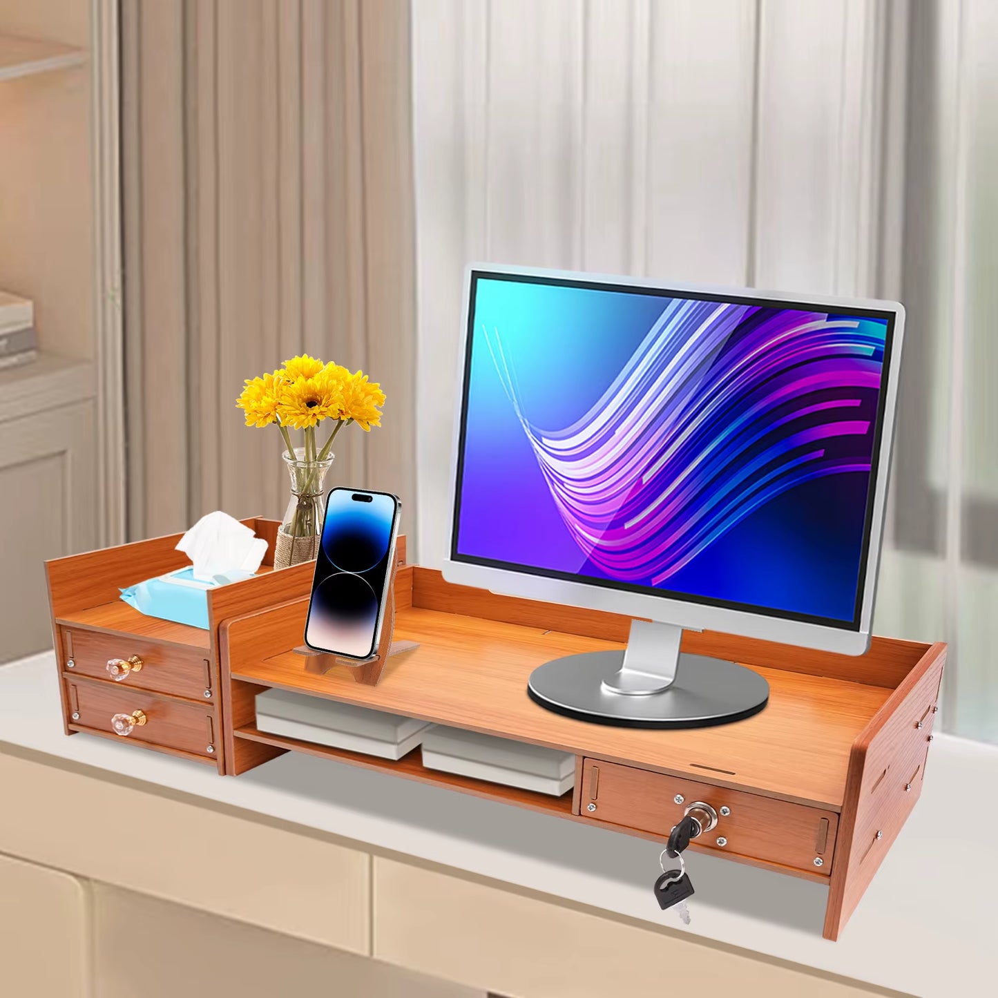 Computer Monitor Stand, Computer Rack with Drawers, Monitor Stand Home Office Desktop Storage Drawer