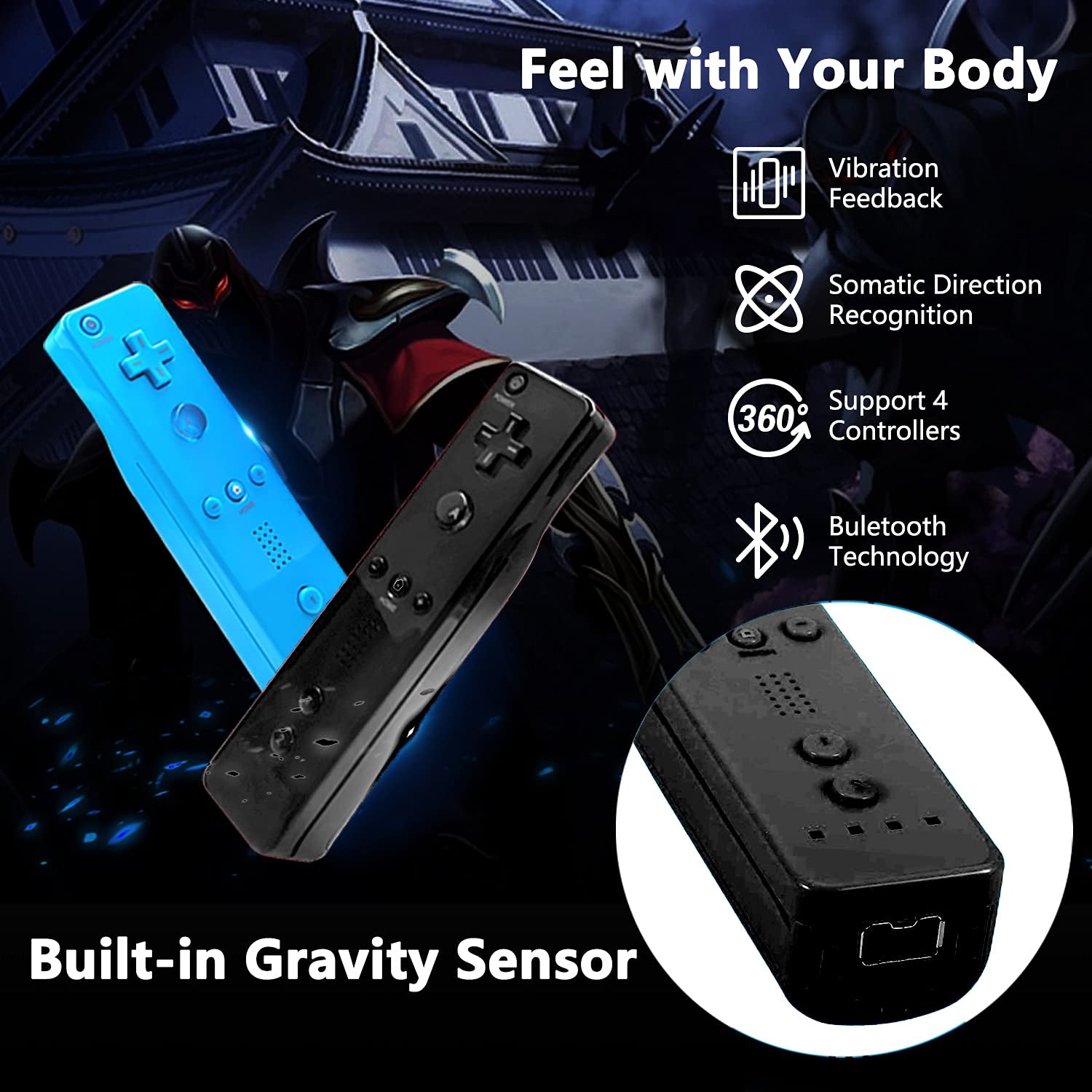 Wii Controller Pack - 2 Remote Controllers with Silicone Case and Wrist Strap for Wii U (Black and Blue)