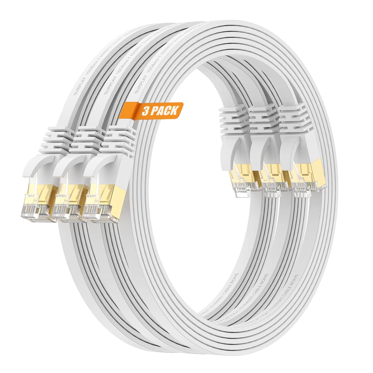 Cat7 10FT Ethernet Cable Flat-White-10Gbps Ultra Slim High Speed Double Shielded with Ground Wire & Gold-Plated RJ45 Network Patch Cord for Router,Tv,Xbox,Ps5/4,Nas,Cat6A