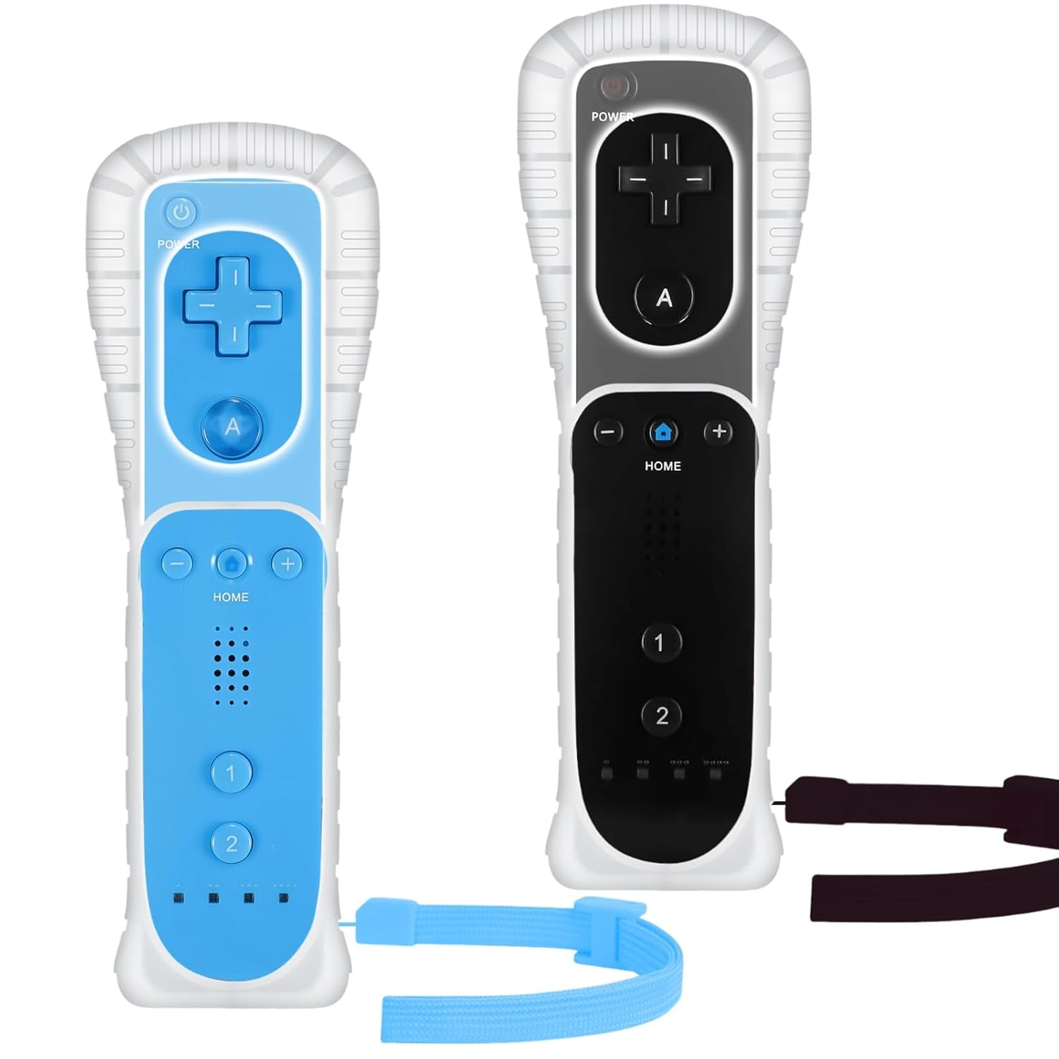 Wii Controller Pack - 2 Remote Controllers with Silicone Case and Wrist Strap for Wii U (Black and Blue)