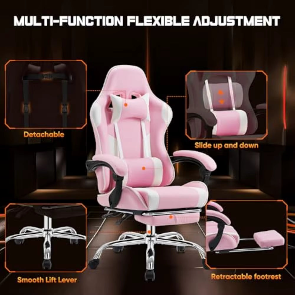 Video Game Desk Chair W/Footrest and Comfy Lumbar Support, PU Leather Recliner with Headrest, Height Adjustable with 360° Swivel